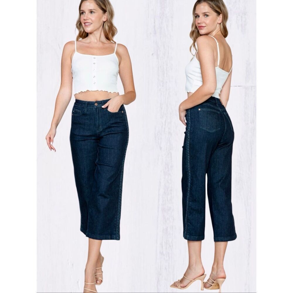 Judy Blue Braided Side Seam Cropped Wide Leg Jeans Dark Wash Stretch Denim NWT - Picture 16 of 16